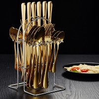 跨境不锈钢刀叉勺24件套装牛排刀叉勺带支架家用西式餐具插刀架