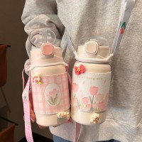 网红郁金香保温杯女士高颜值可爱吸管杯2022新不锈钢郁金香保温杯