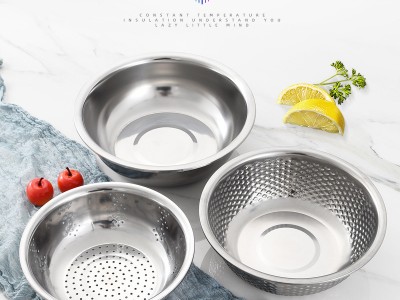 不锈钢米筛三件套洗米筛和面盆果蔬盆厨房洗水果洗菜盆礼品套装