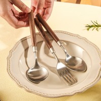 不锈钢304胡桃木柄勺叉 勺子吃饭勺餐厅西餐具哑光亮光圆勺礼品