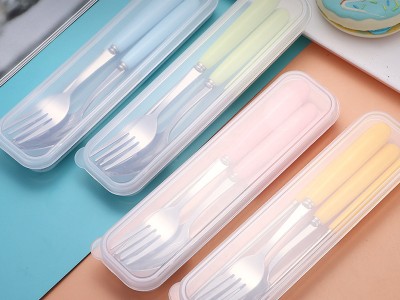 糖果色陶瓷柄不锈钢餐具 勺叉筷子便携礼品餐具套装可激光LOGO