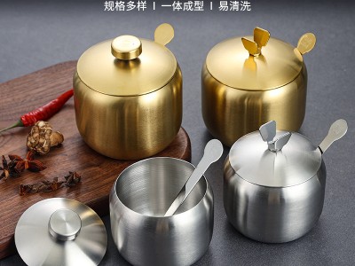 韩式304不锈钢调味瓶罐厨房辣椒酱油罐盐罐带勺调料盒创意金色罐