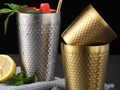 304不锈钢锤纹水杯大容量啤酒杯子加厚双层餐厅茶杯咖啡杯果汁杯