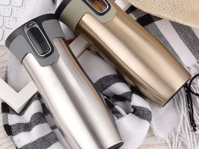 定制一键饮水双层不锈钢咖啡杯创意礼品真空保温杯车载高档汽车杯