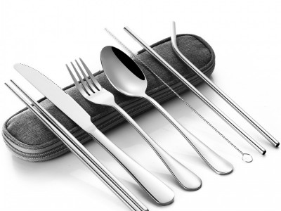 亚马逊跨境不锈钢便携户外餐具不锈钢吸管刀叉勺筷子套装带硅胶嘴