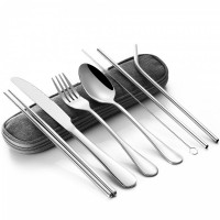 亚马逊跨境不锈钢便携户外餐具不锈钢吸管刀叉勺筷子套装带硅胶嘴