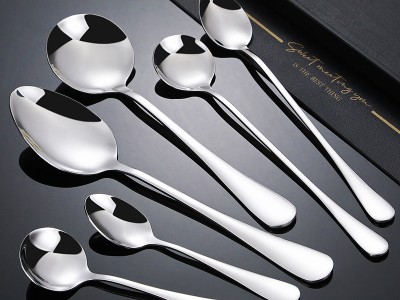 1010不锈钢勺子家用加厚吃饭圆勺甜品调羹镜面亮光西餐具尖勺批发