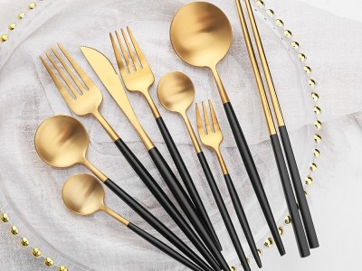 L黑金葡萄牙西餐刀叉勺 复古小酒馆餐具 北欧风餐具不锈钢勺叉筷