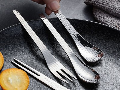 L 日式304不锈钢锤纹甜品叉勺 创意咖啡勺蛋糕叉燕窝雪糕勺光滑