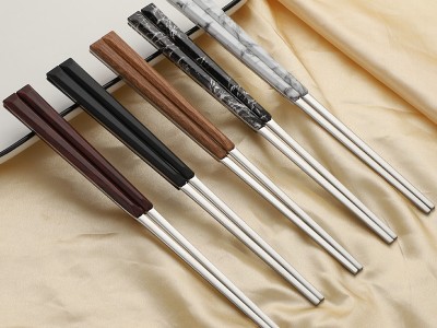 批发不锈钢筷子ins日式餐具韩式筷子夹柄仿木纹筷子寿司专用筷子